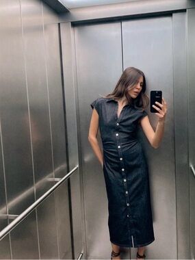 Zara Black Button-Front Denim Midi Dress